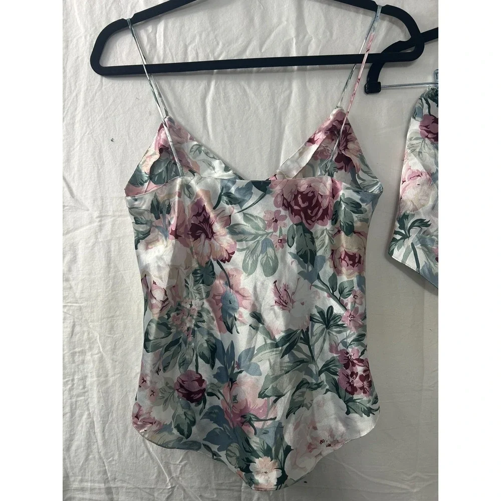 Mystique Intimates Pink Floral Satin Pajama Set Camisole Tap Shorts‎ Small